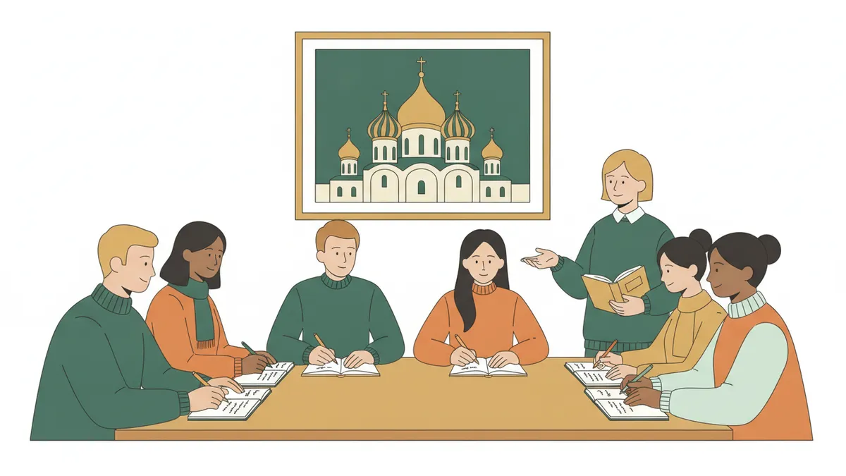 Illustration : huit étudiants autour d'une table lisent des recueils ouverts et prennent des notes ; une enseignante anime la discussion ; au mur, une gravure d'une église à bulbes.