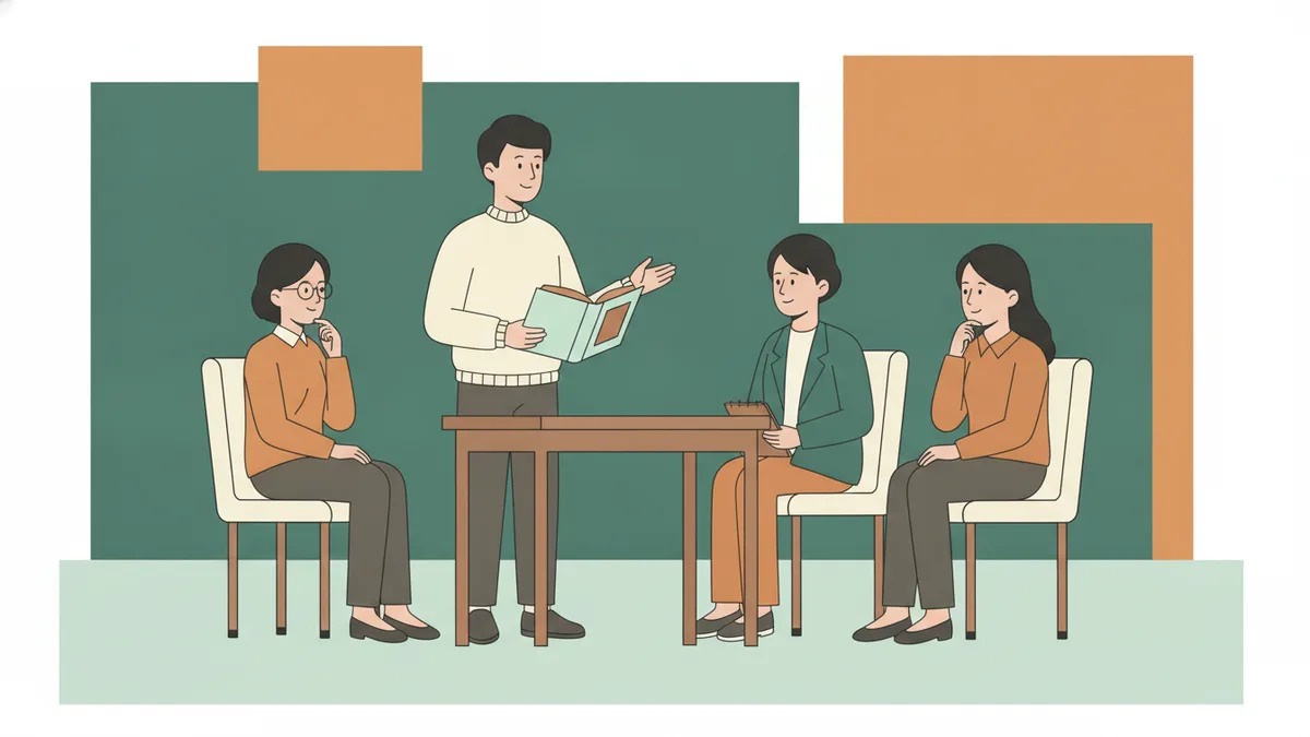 Illustration : une étudiante debout explique un passage d'un livre ouvert devant un jury de trois enseignants assis.