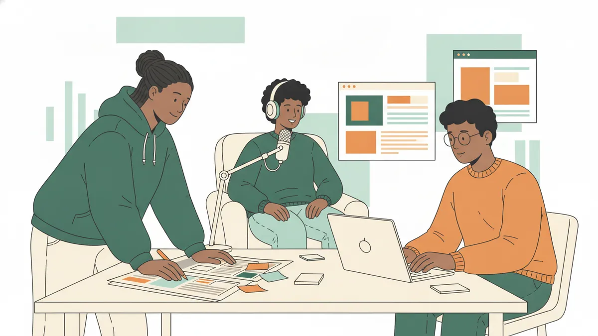 Illustration : trois étudiants travaillent sur les médias ; l'un décortique une page de journal posée sur la table avec des notes de couleur, une étudiante enregistre un podcast au micro avec un casque, un troisième compare des sites d'information sur un ordinateur portable.