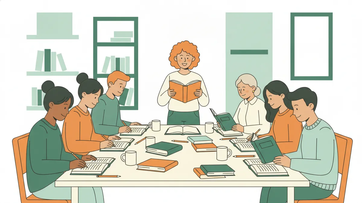 Illustration : une petite classe de lettres autour d'une table couverte de romans et de recueils de poésie ; une étudiante debout lit un passage à voix haute, les autres annotent leurs livres au crayon.