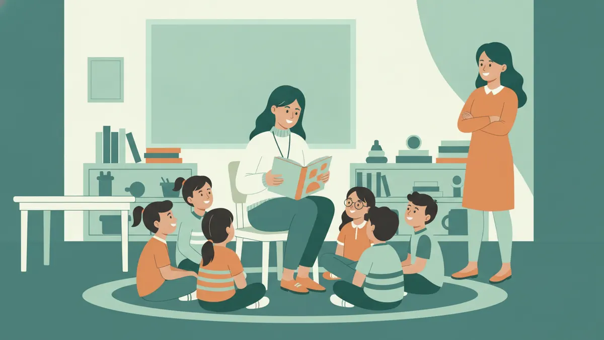 Illustration : dans une classe d'école primaire, une jeune étudiante en stage, un badge autour du cou, lit un album à un petit groupe d'enfants assis sur un tapis ; l'enseignante de la classe la regarde en souriant.