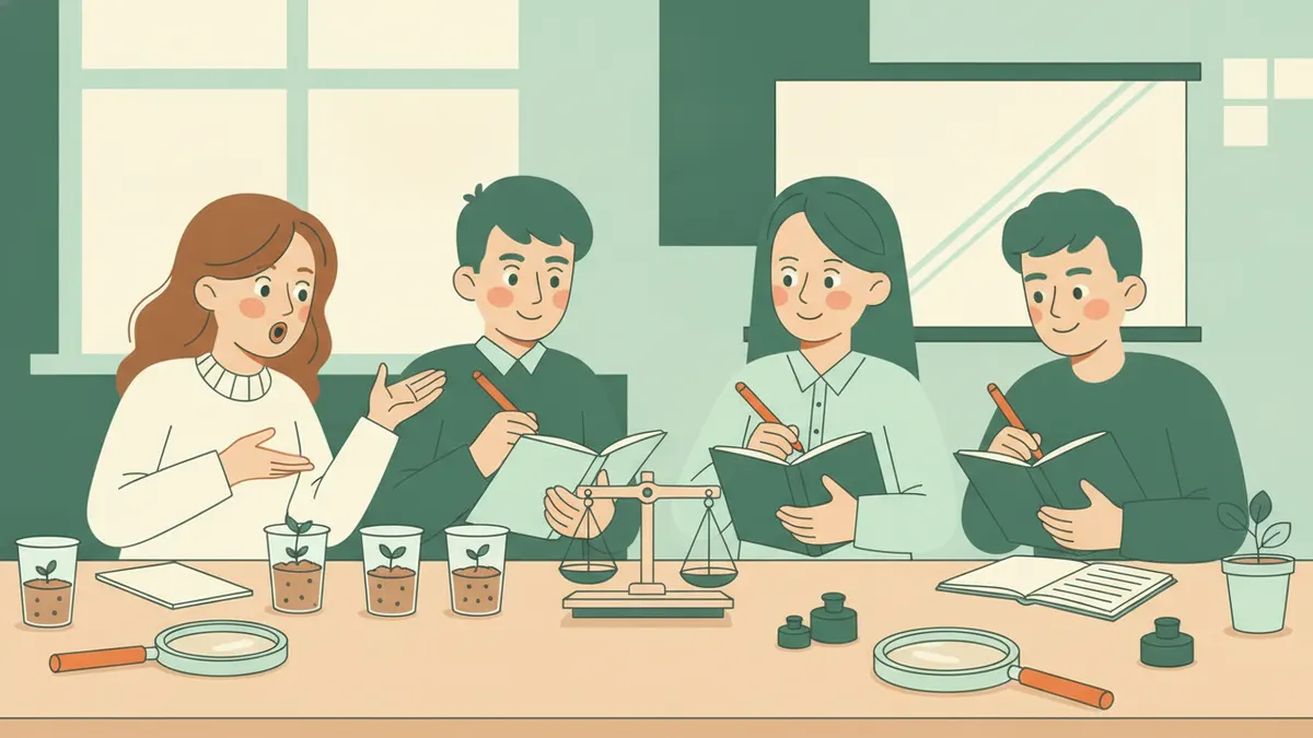Illustration : autour d'une grande table, des étudiants testent eux-mêmes une activité de sciences pour l'école primaire : graines qui germent dans des gobelets transparents, petite balance, loupes. Une étudiante explique au groupe comme à une classe, les autres prennent des notes.