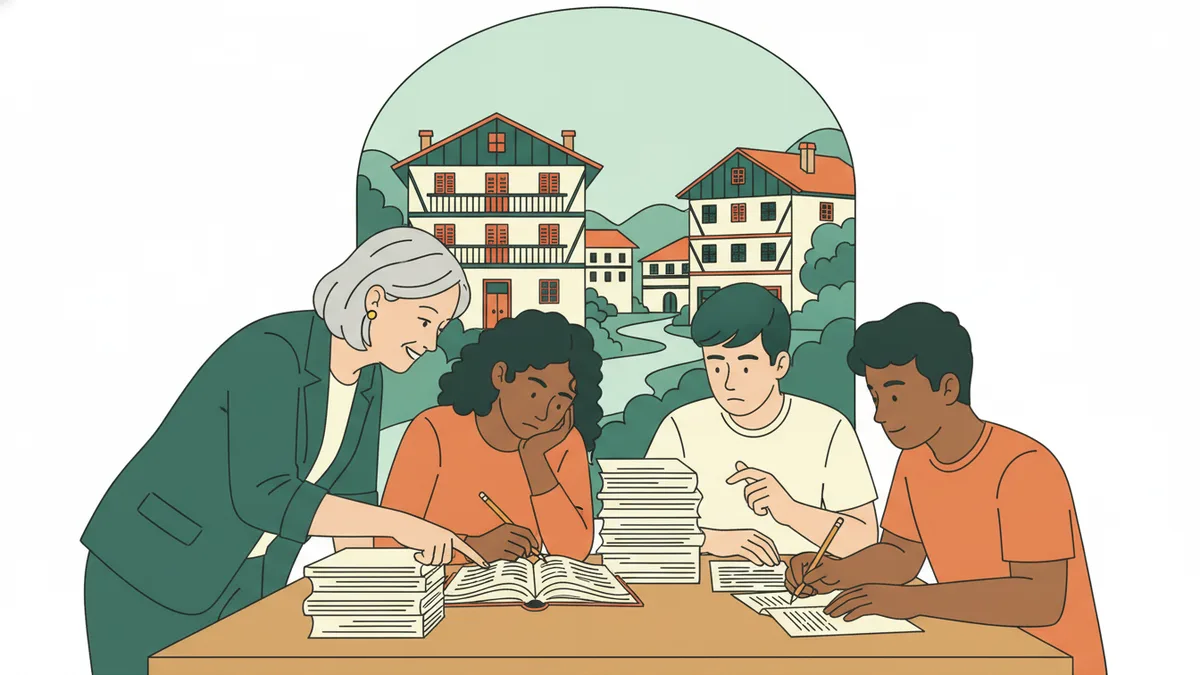 Illustration : autour d'une table, trois étudiants annotent des textes au crayon, l'un consulte un dictionnaire bilingue, une enseignante se penche pour les aider ; par la fenêtre, des maisons basques à colombages et volets rouges.