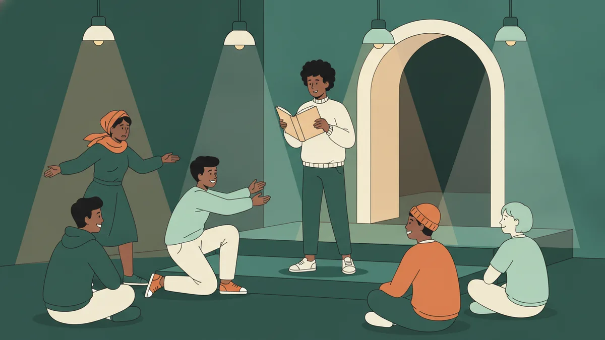 Illustration : dans un petit studio de théâtre, un étudiant lit à voix haute dans un livre ouvert, deux autres jouent une scène avec de grands gestes, d'autres regardent, assis par terre, sous des projecteurs.