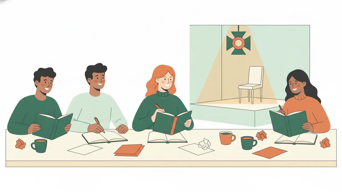 Illustration : un atelier d'écriture ; des étudiants écrivent dans des carnets autour d'une longue table avec des tasses et des brouillons froissés, une étudiante lit son texte à son voisin qui sourit ; au fond, une petite scène avec une chaise sous un projecteur.