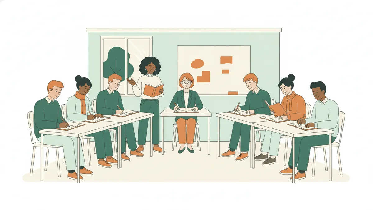 Illustration : un séminaire de lettres ; des étudiants assis à des tables disposées en U tiennent des livres ouverts, une étudiante lit un passage à voix haute, debout, pendant que les autres annotent leurs livres et qu'une enseignante écoute.
