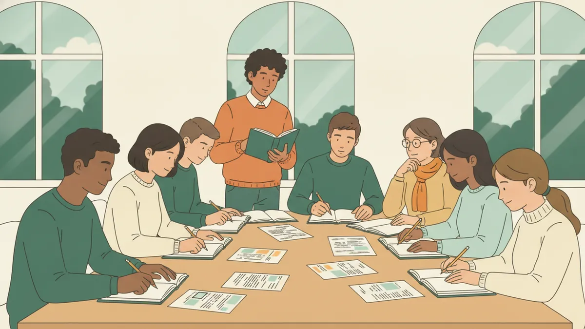 Illustration : une douzaine d'étudiants autour d'une longue table, des livres et des photocopies annotées devant eux ; un étudiant lit un passage à voix haute, les autres suivent crayon en main, une enseignante écoute au bout de la table.