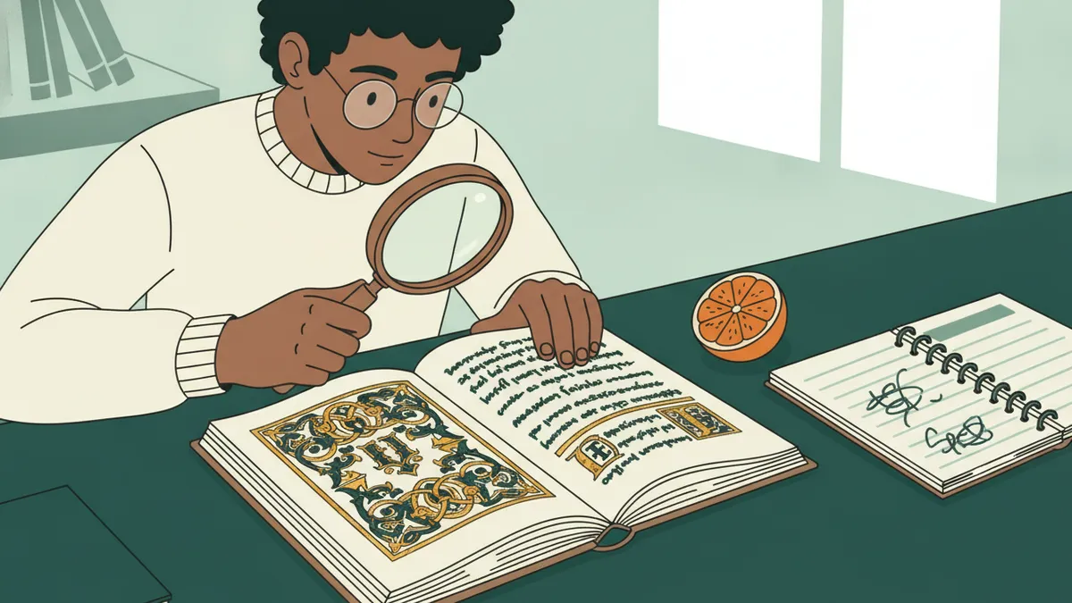 Illustration : gros plan sur un étudiant qui examine à la loupe le fac-similé d'un manuscrit médiéval enluminé, un carnet de notes de grammaire ouvert à côté.