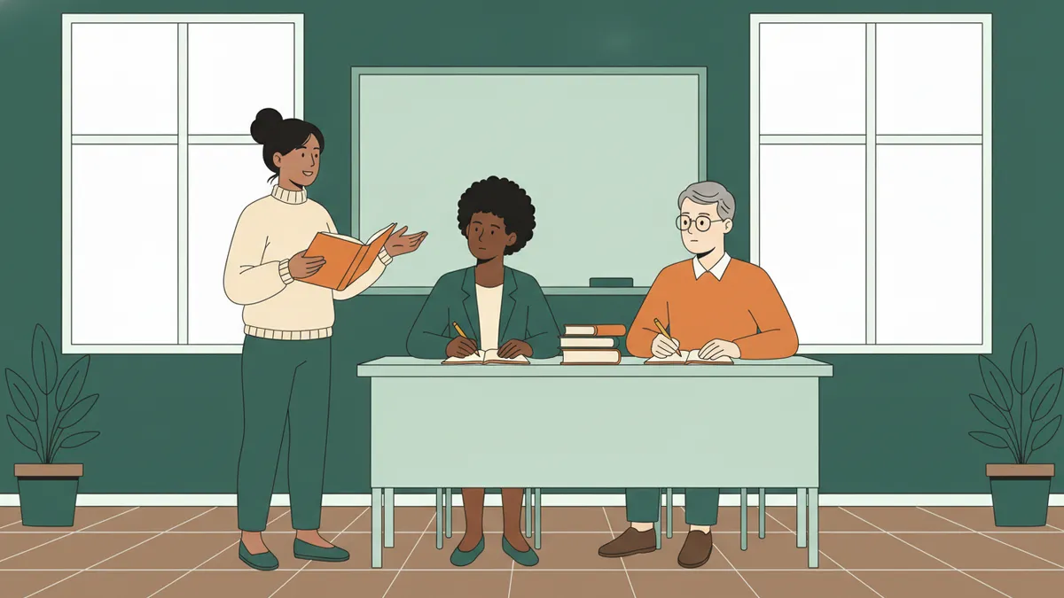 Illustration : dans une salle de classe lumineuse, une étudiante debout présente un livre qu'elle tient ouvert, devant deux enseignants assis à une table qui prennent des notes.
