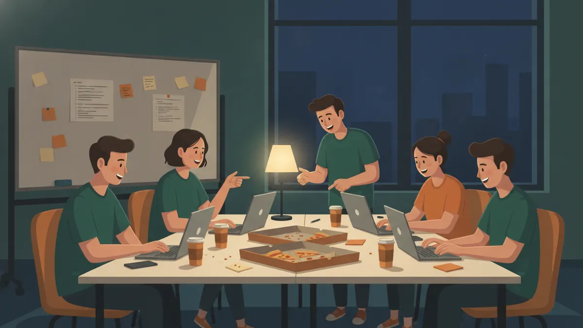 Illustration : la nuit, une équipe de cinq étudiants code autour de tables rapprochées, ordinateurs ouverts, cartons de pizza et gobelets de café ; derrière eux, un tableau couvert de post-it.