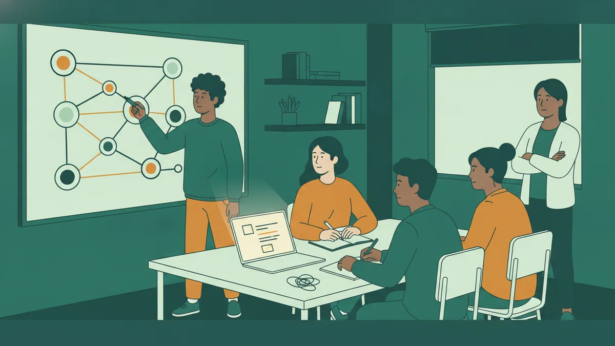 Illustration : en petit groupe, une étudiante dessine au tableau un réseau de cercles reliés par des traits ; quatre camarades autour d'une table suivent, l'un sur un ordinateur portable, un autre en prenant des notes ; l'enseignant écoute sur le côté.