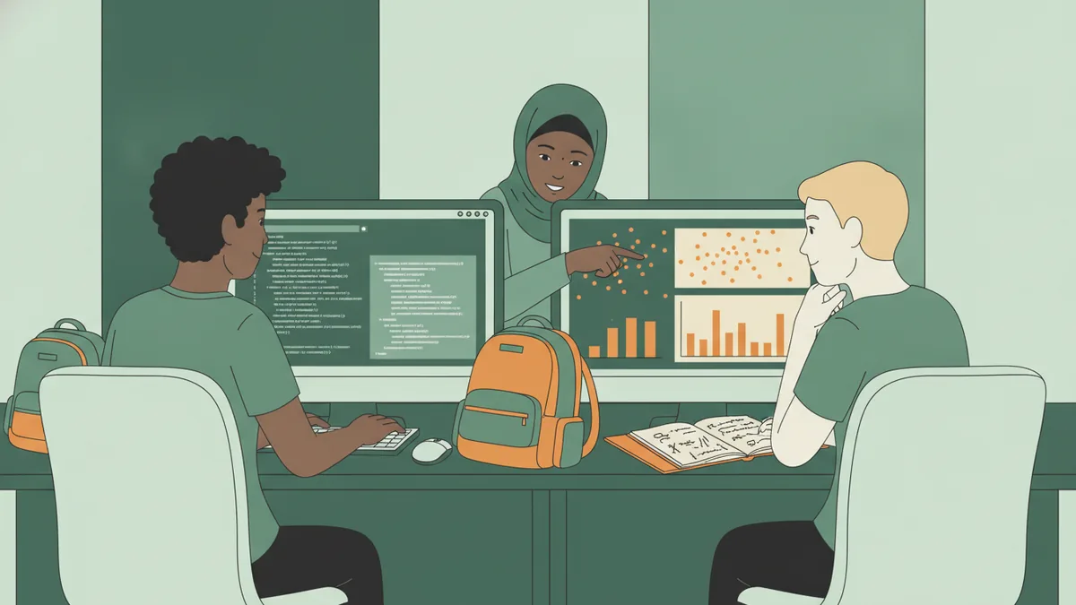 Illustration : trois étudiants dans une salle informatique ; l'un tape du code Python, l'écran voisin affiche un nuage de points et un histogramme, une troisième étudiante montre le graphique du doigt.