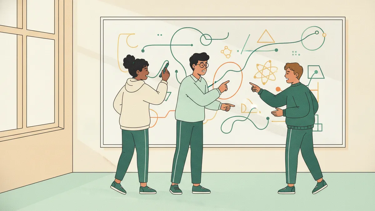 Illustration : trois étudiants debout devant un grand tableau blanc couvert de courbes et de figures géométriques ; l'une écrit au feutre, les deux autres montrent un détail du doigt et discutent, dans une salle baignée de lumière.