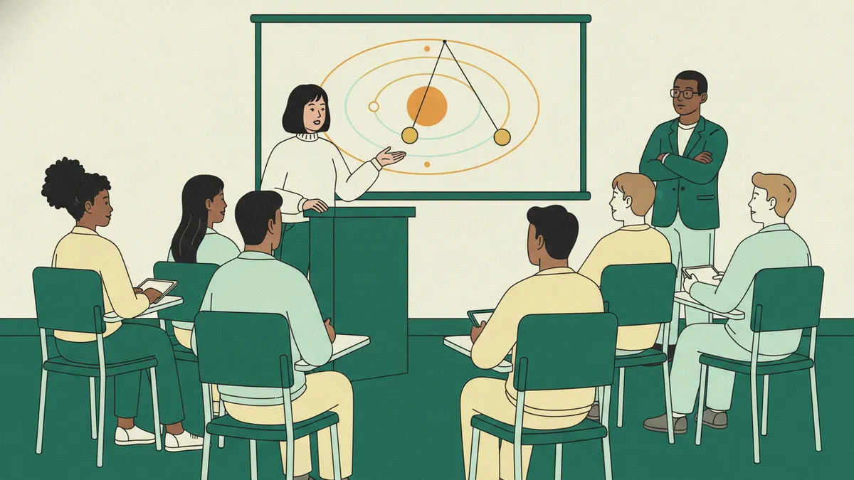 Illustration : une étudiante présente un projet à un groupe d'étudiants assis dans une salle de TD ; derrière elle, un schéma projeté montre des orbites de planètes et un pendule ; un enseignant écoute au fond, les bras croisés.