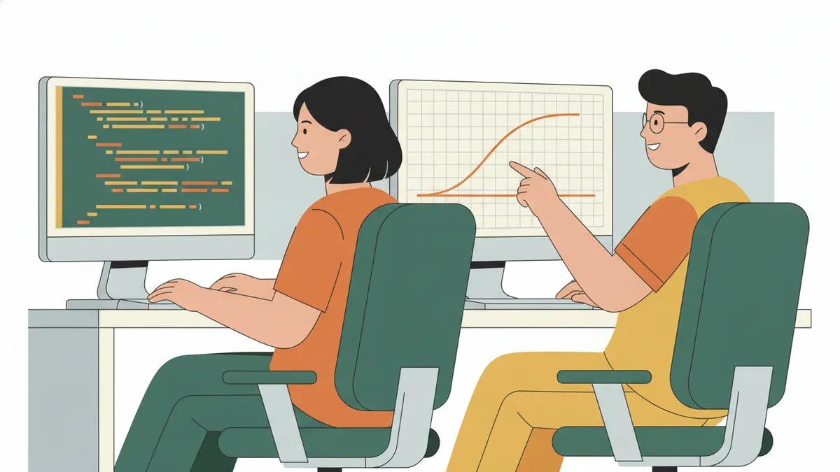 Illustration : deux étudiants côte à côte en salle informatique ; l'un écrit du code, l'autre trace une courbe à l'écran et lui montre quelque chose.