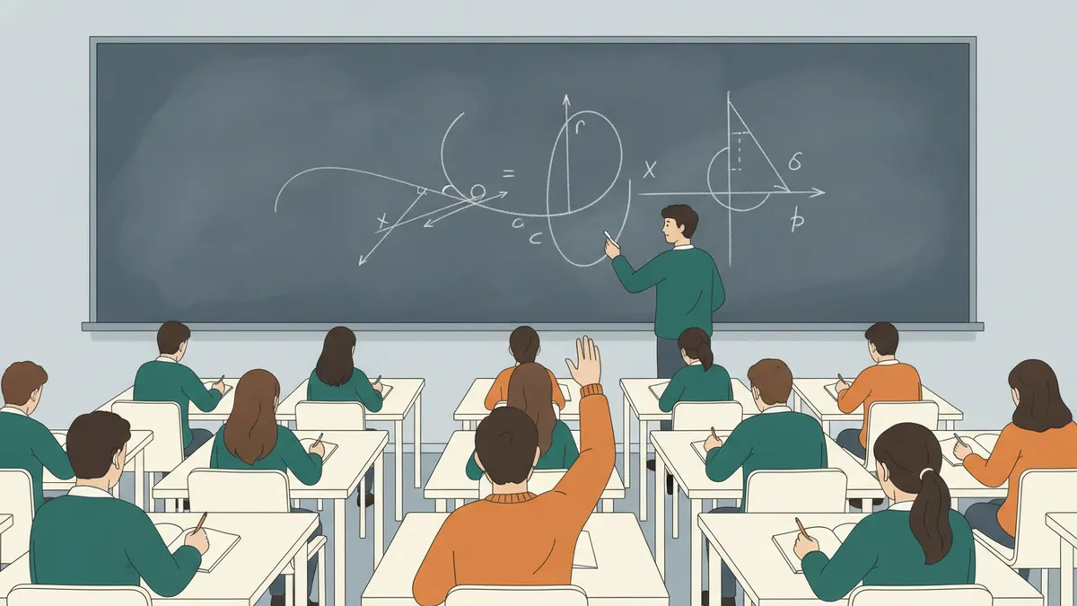 Illustration : une salle de travaux dirigés où une quinzaine d'étudiants de première année travaillent des exercices ; un jeune enseignant trace des courbes et des figures au tableau noir ; une étudiante lève la main.