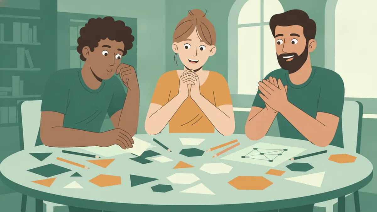 Illustration : trois étudiants autour d'une table ronde couverte de polygones en papier découpé, de crayons et d'un schéma de points reliés ; l'un réfléchit la main au menton, les deux autres sourient, ravis de leur trouvaille.