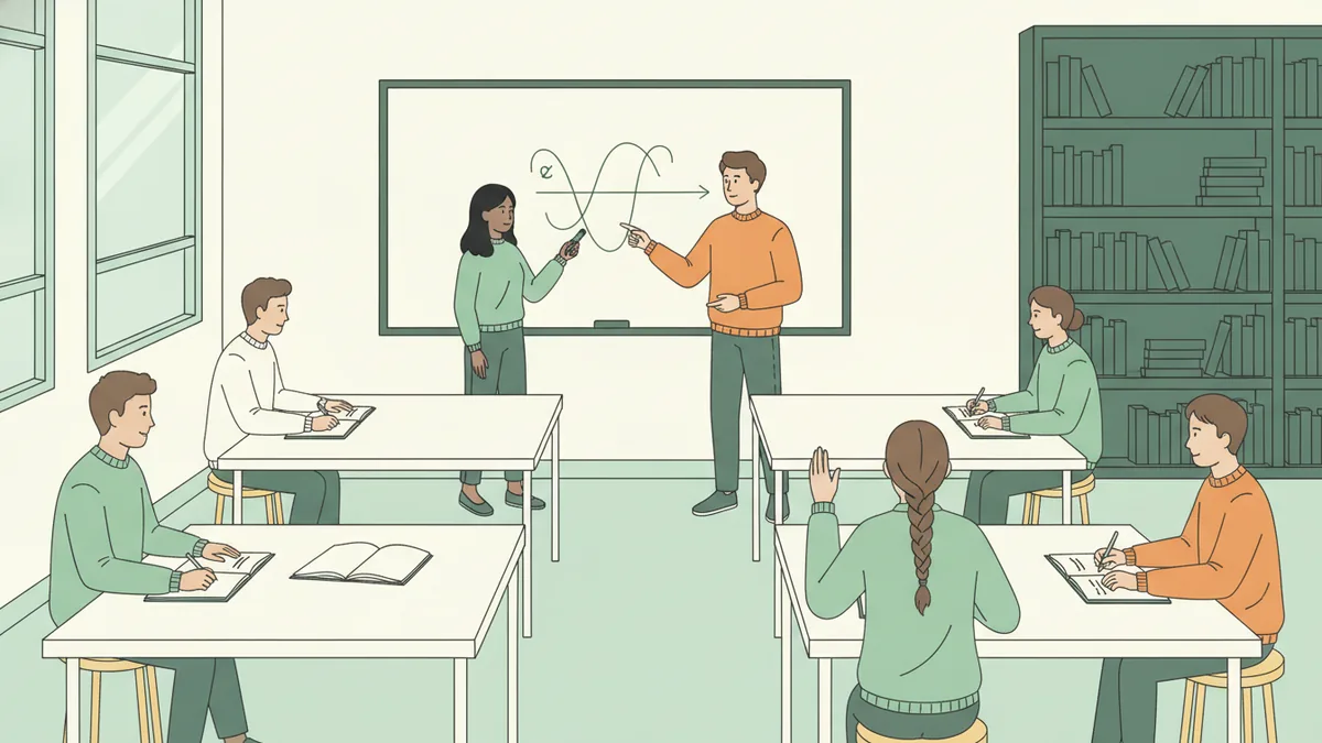 Illustration : dans une salle de TD claire, une étudiante trace une courbe au grand tableau blanc pendant qu'un jeune enseignant lui montre un point ; ses camarades travaillent sur leurs cahiers, l'une lève la main.