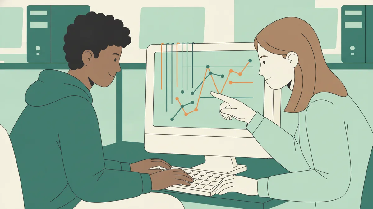 Illustration : deux étudiants en salle informatique ; l'un tape au clavier, l'autre montre du doigt une courbe tracée sur l'écran.