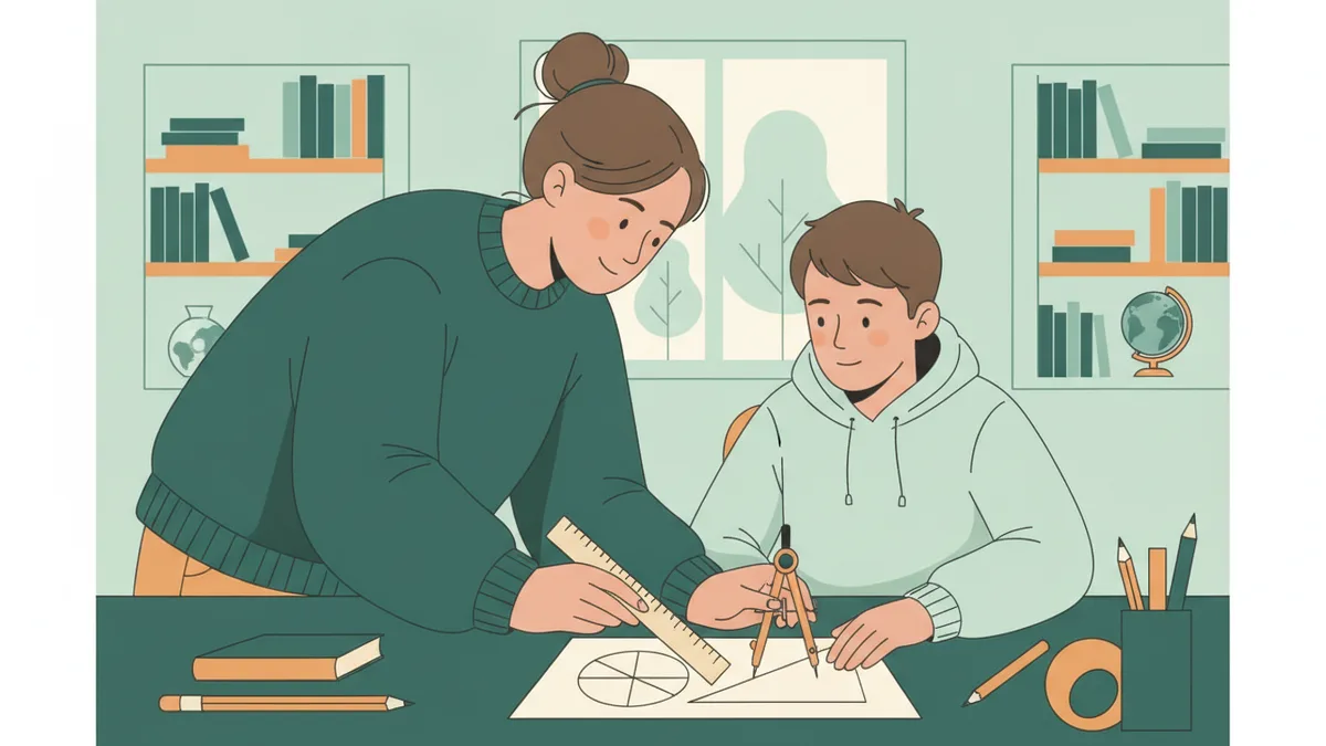 Illustration : un étudiant, assistant d'éducation, est assis à côté d'un collégien et lui explique un exercice de géométrie avec une règle et un compas.