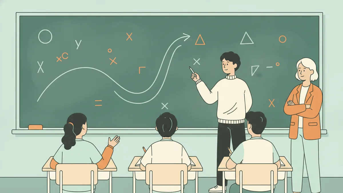 Illustration : en travaux dirigés de mathématiques, un étudiant trace une courbe et des symboles au tableau vert, devant quelques camarades assis qui suivent ; une enseignante observe à côté.