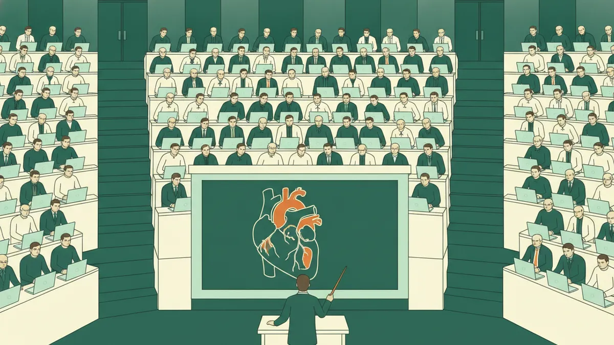 Illustration : un grand amphithéâtre vu des derniers rangs, rempli d'étudiants qui prennent des notes ; en bas, un enseignant montre un schéma du cœur projeté au tableau.