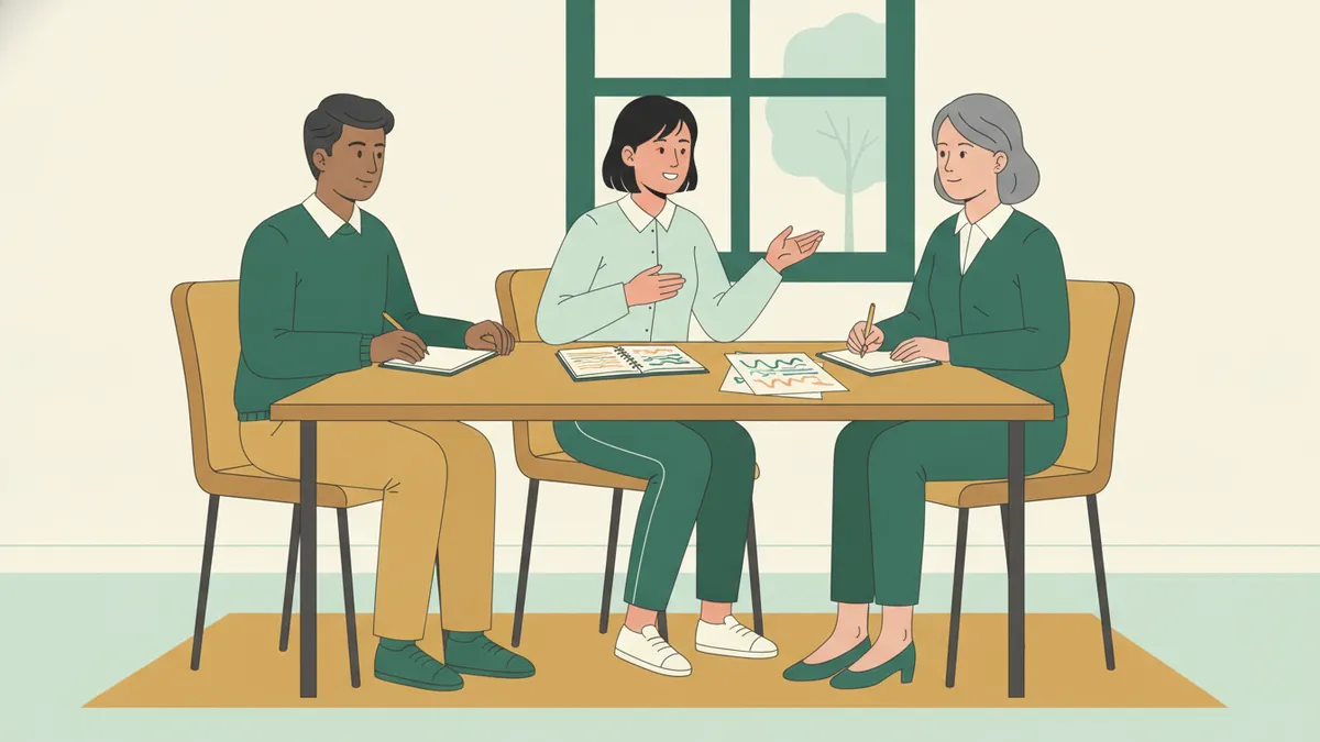 Illustration : une étudiante assise face à deux examinateurs, en train d'expliquer un court texte imprimé ; les examinateurs l'écoutent et prennent des notes.