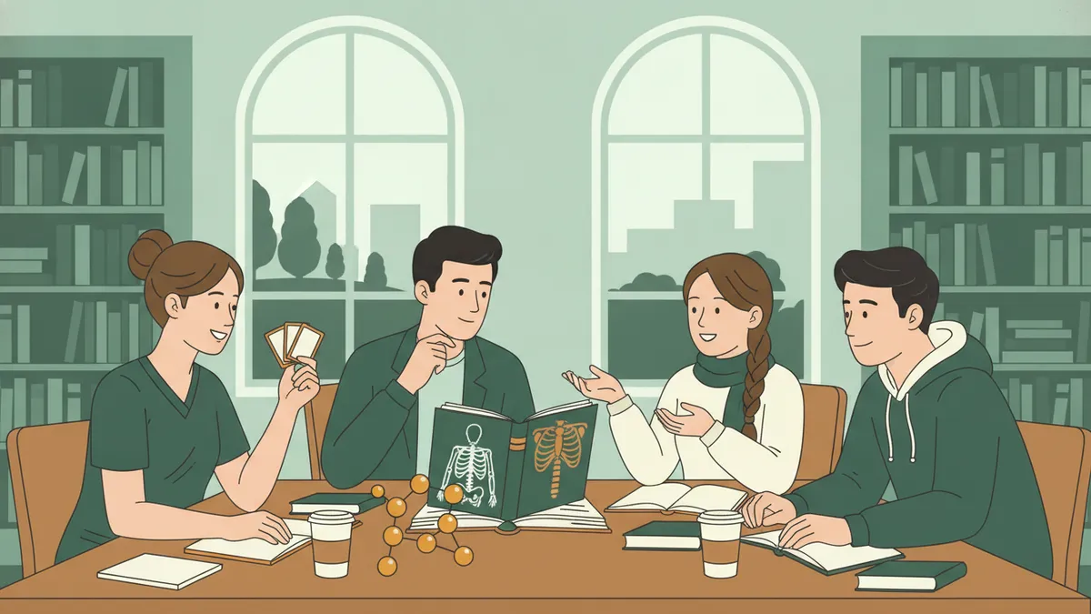 Illustration : quatre étudiants révisent autour d'une table de bibliothèque ; l'un interroge les autres avec des fiches, un manuel d'anatomie ouvert montre un squelette.