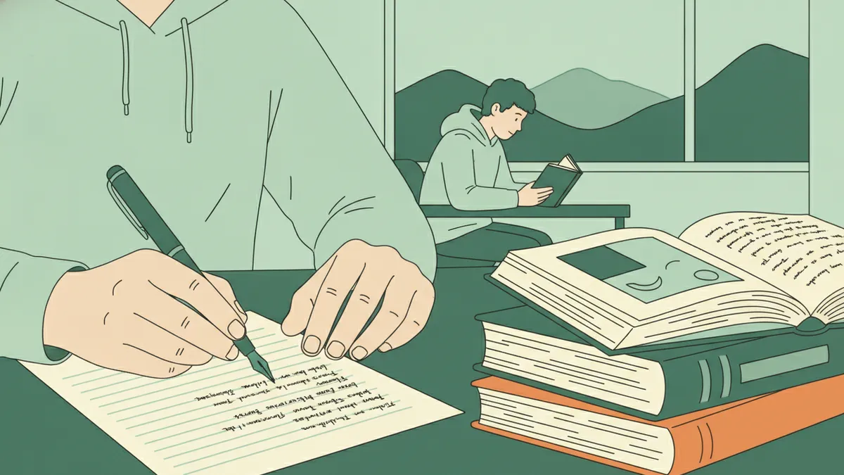 Illustration : gros plan sur les mains d'un étudiant qui rédige une dissertation au stylo, à côté d'une pile de livres de poche dont un est annoté ; par la fenêtre, des montagnes.