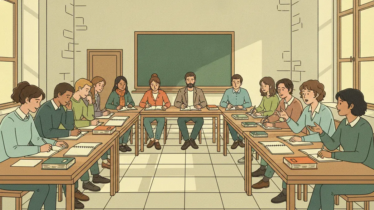 Illustration : une quinzaine d'étudiants autour de tables disposées en U, livres et cahiers ouverts, tous écrivent à la main ; une étudiante parle en faisant un geste, les autres l'écoutent, l'enseignant est assis parmi eux.