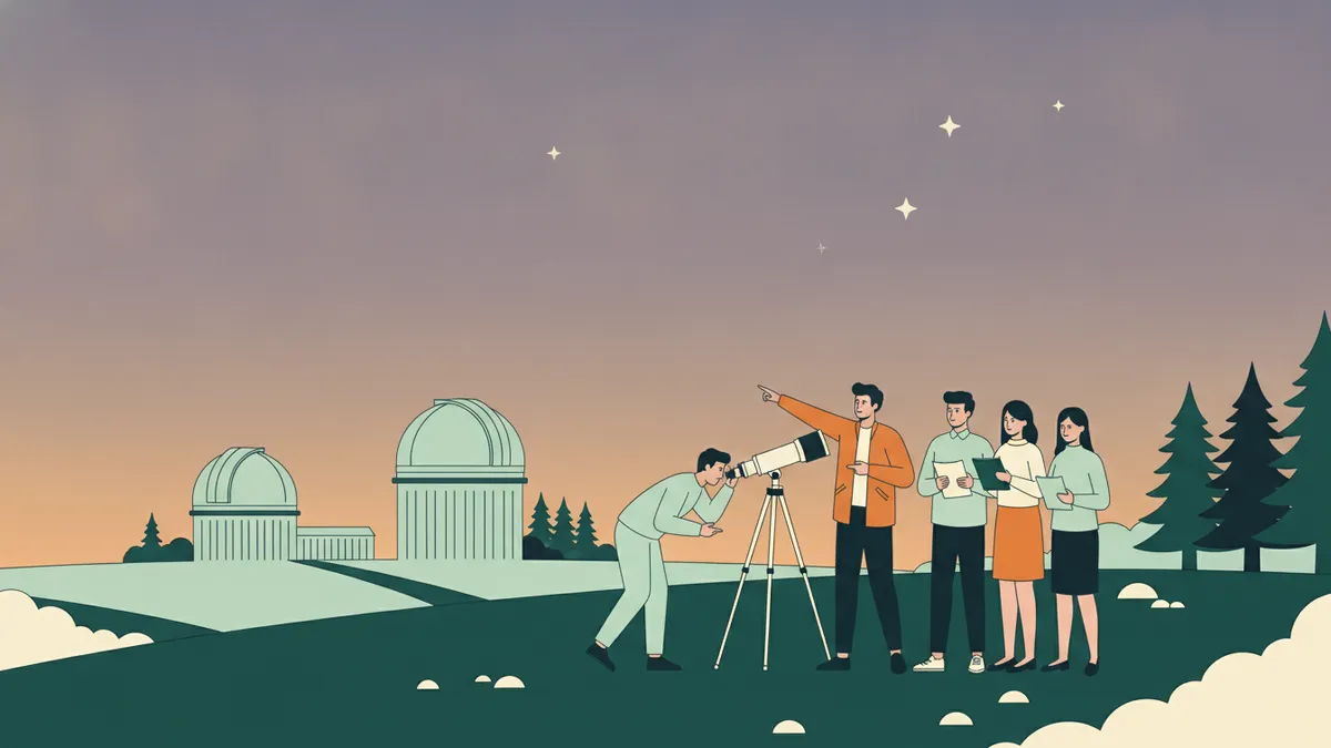Illustration : au crépuscule, sur une colline de Provence, un groupe d'étudiants autour d'une lunette astronomique ; l'un regarde dans l'oculaire, un enseignant montre les premières étoiles ; au fond, les coupoles blanches d'un observatoire et des pins.