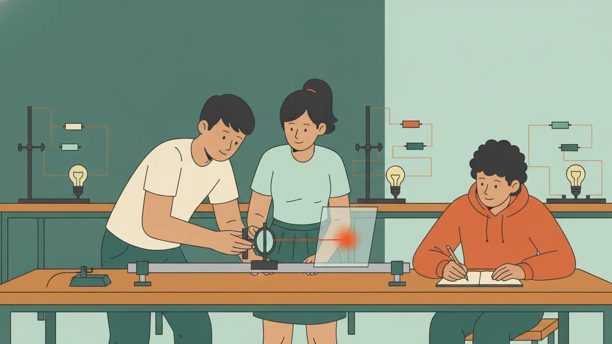 Illustration : deux étudiants règlent une lentille sur un banc d'optique traversé par un faisceau laser rouge, pendant qu'un troisième note les mesures ; au fond, des montages électriques avec des ampoules.
