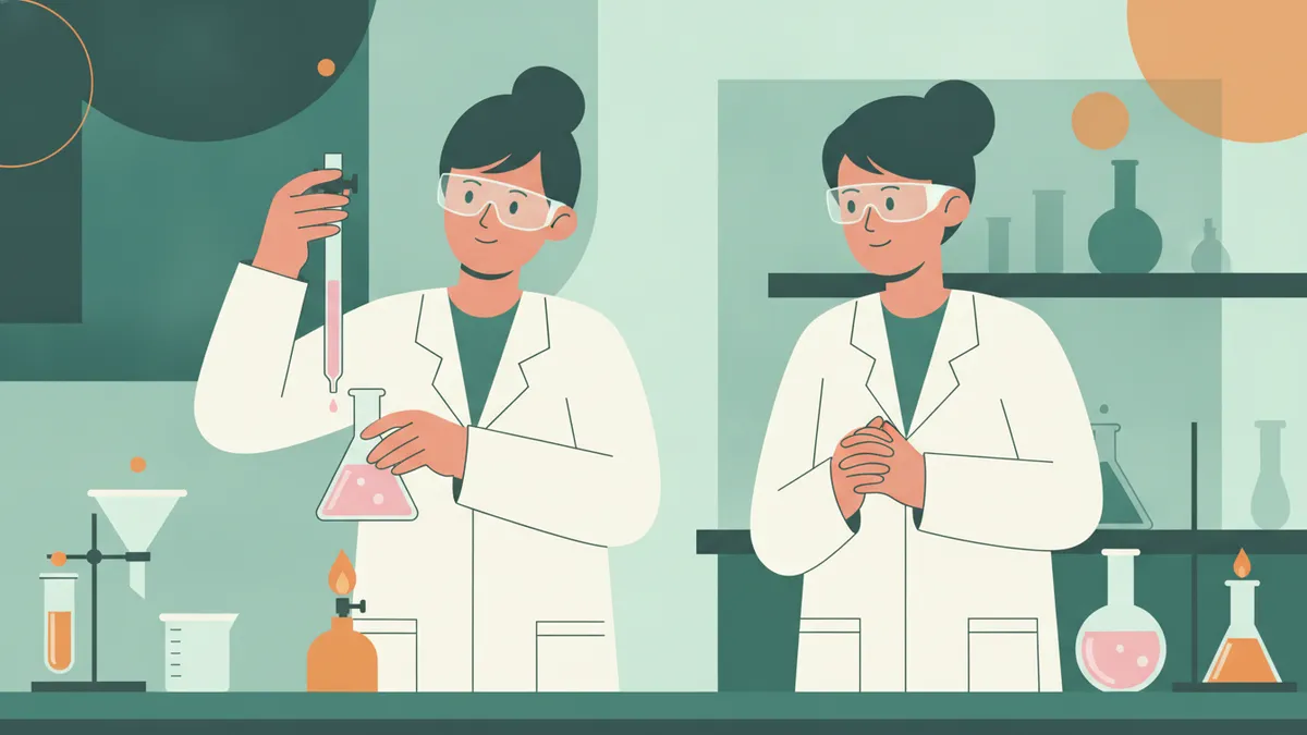 Illustration : deux étudiantes en blouse blanche et lunettes de protection pendant un TP de chimie ; l'une tient une pipette au-dessus d'une fiole dont la solution vire au rose, l'autre observe.