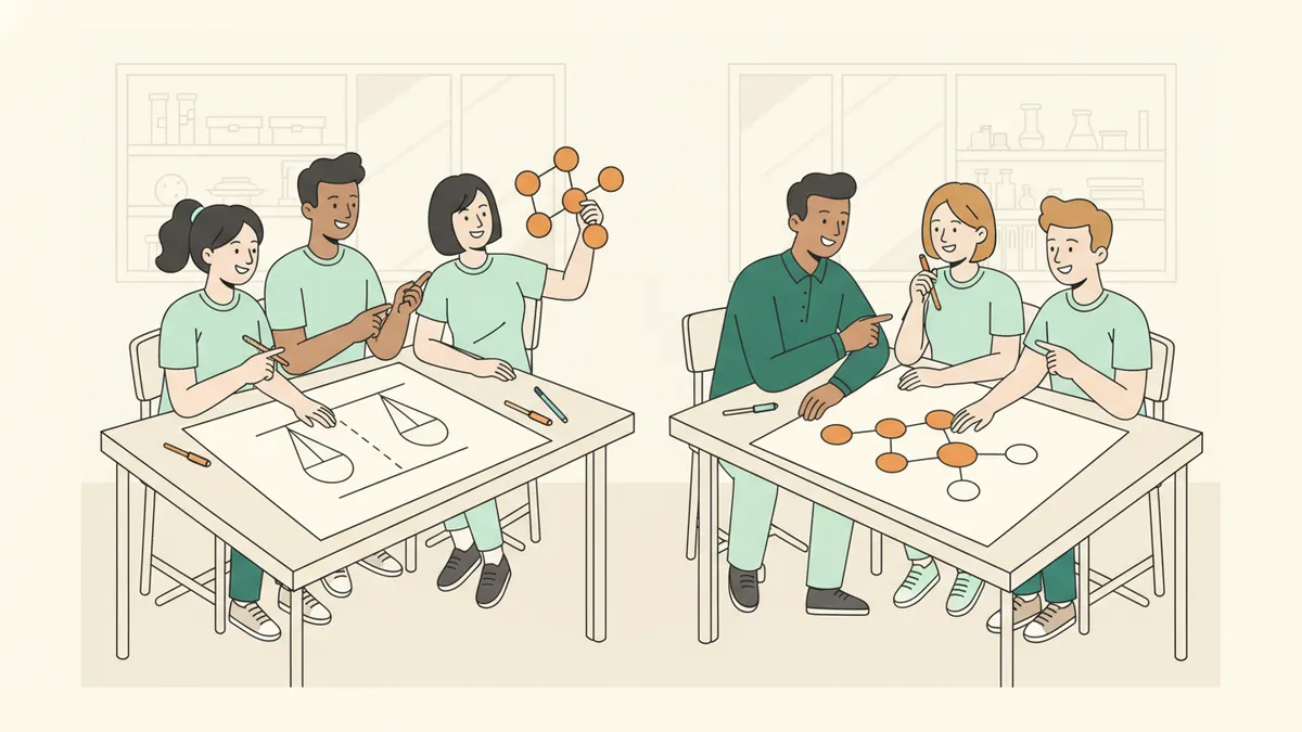 Illustration : des étudiants répartis en petits groupes autour de tables travaillent sur de grandes feuilles avec des schémas de pendule et de molécule ; l'un tient un modèle moléculaire en boules, l'enseignante s'accroupit pour aider un groupe.