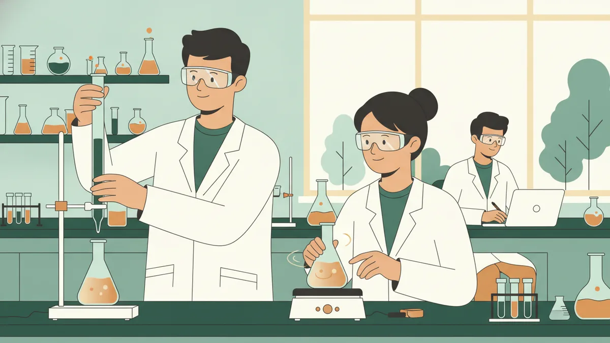 Illustration : dans une salle de TP de chimie, un étudiant en blouse et lunettes de protection règle le robinet d'une burette pendant qu'une étudiante surveille un erlenmeyer posé sur un agitateur ; au fond, un troisième étudiant note les résultats sur un ordinateur.