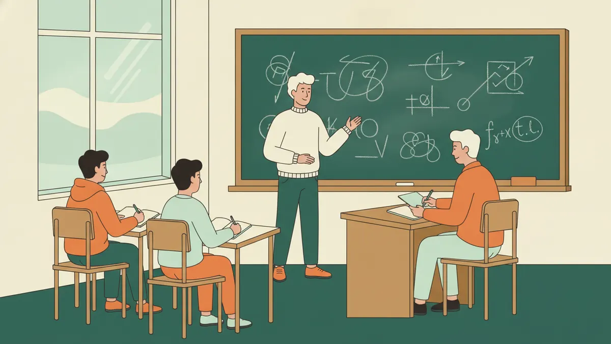 Illustration : dans une petite salle, un étudiant debout au tableau vert couvert de schémas à la craie explique son raisonnement à un enseignant assis qui prend des notes ; deux autres étudiants attendent leur tour à une table.