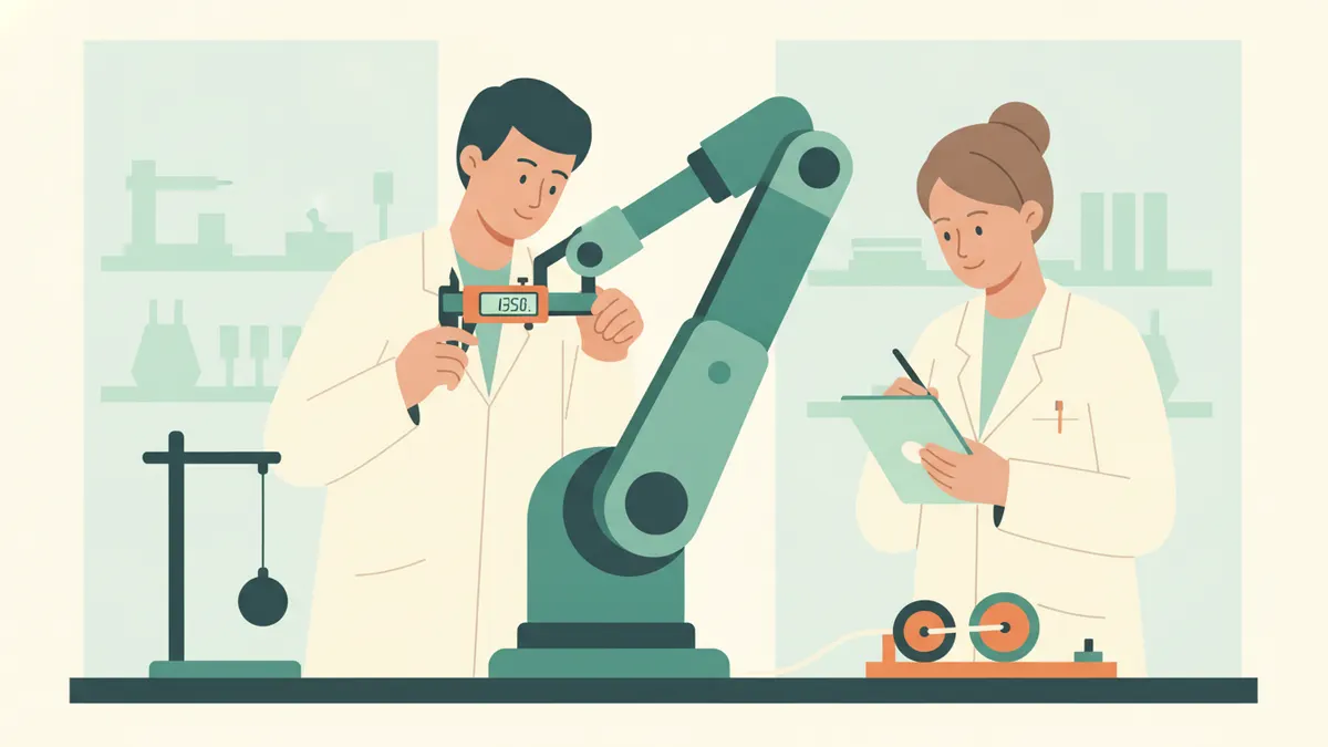 Illustration : deux étudiants en blouse dans un laboratoire de mécanique ; l'un mesure un bras articulé au pied à coulisse, l'autre note les valeurs sur une tablette ; un pendule et des poulies sont posés sur le banc.