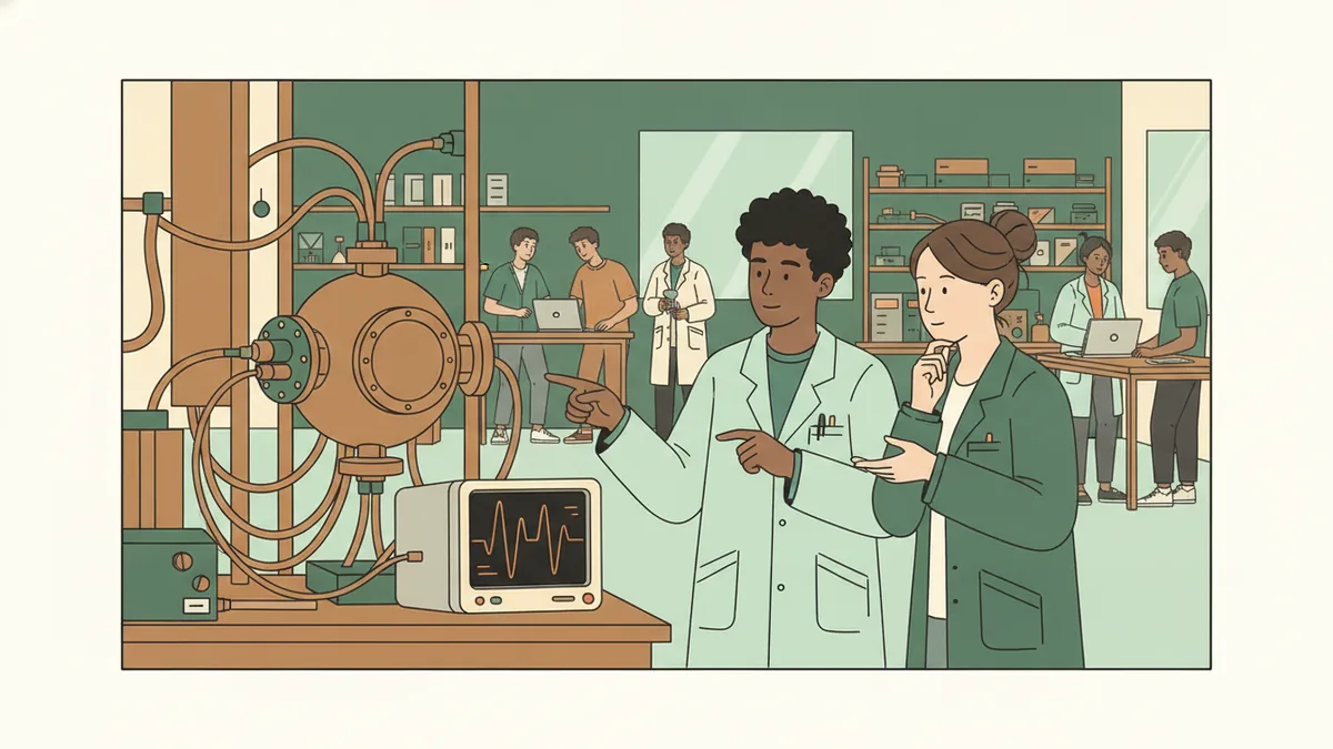 Illustration : dans un laboratoire de recherche, un étudiant de L3 en blouse montre l'écran d'un oscilloscope relié à une enceinte à vide ; une chercheuse lui explique le montage, d'autres personnes travaillent au fond.