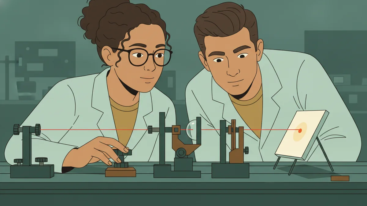 Illustration : deux étudiants en blouse alignent des lentilles sur un banc d'optique ; un faisceau laser rouge traverse une lentille et forme un point lumineux sur un petit écran.
