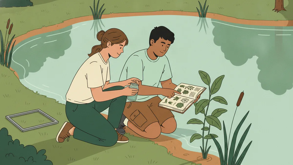 Illustration : deux étudiants agenouillés au bord d'une mare ; l'une prélève de l'eau dans un petit bocal, l'autre identifie une plante avec un guide de terrain ; un cadre de relevé est posé dans l'herbe.