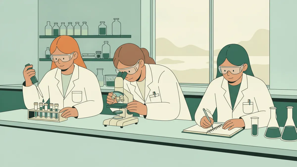 Illustration : trois étudiantes en blouse blanche et lunettes de protection à une paillasse ; l'une manie une micropipette au-dessus de petits tubes, une autre regarde dans un microscope, la troisième note ses observations.