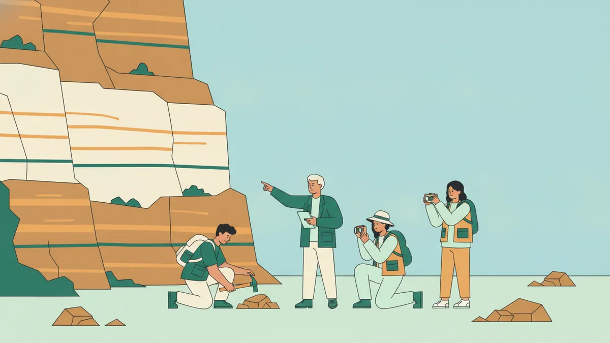 Illustration : un petit groupe d'étudiants au pied d'une falaise aux couches de roche bien visibles ; l'un frappe une roche au marteau, une autre observe un échantillon à la loupe, un troisième photographie les strates pendant que l'enseignant montre les couches.
