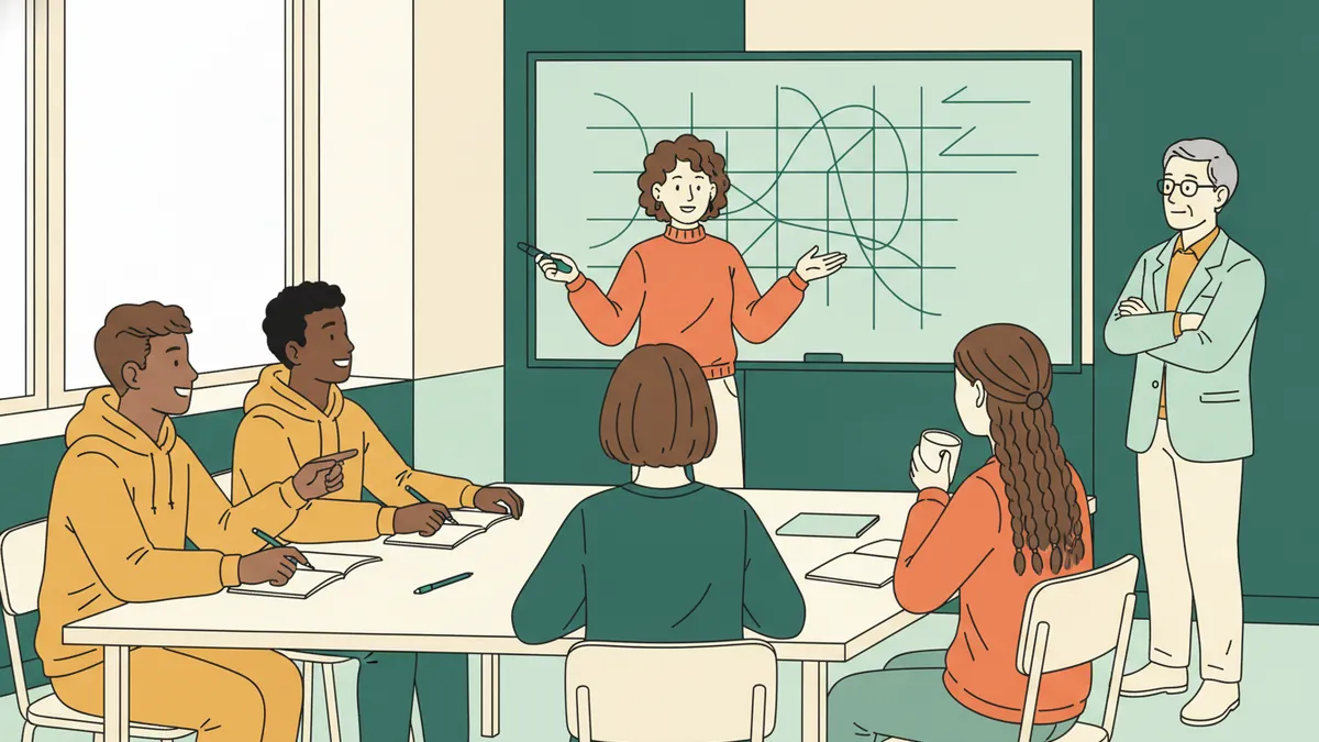 Illustration : dans une salle de TD lumineuse, une étudiante explique au tableau des courbes et des grilles de calcul à quatre camarades assis avec leurs cahiers ; un enseignant écoute, bras croisés, sur le côté.