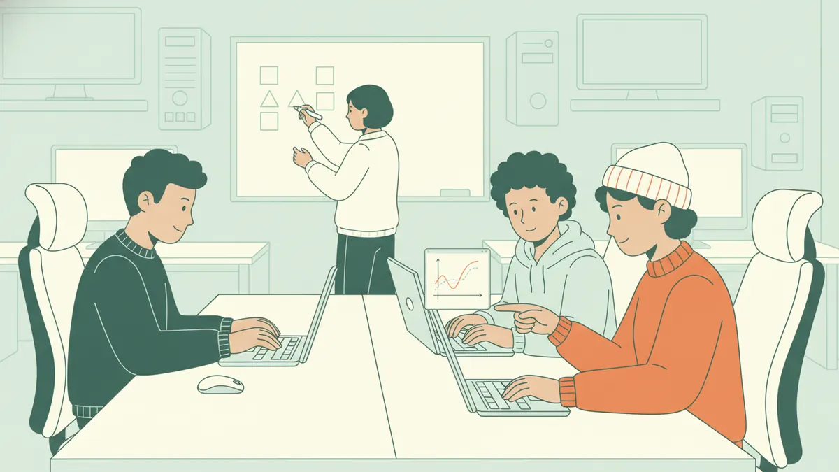 Illustration : en salle informatique, trois étudiants de première année travaillent sur des ordinateurs portables ; l'un tape du code, une autre montre une courbe à l'écran, tandis qu'une étudiante écrit un algorithme au tableau.