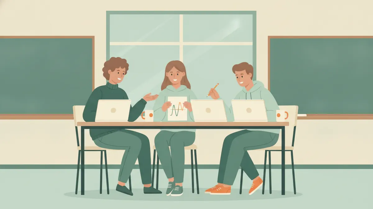 Illustration : trois étudiants autour d'une table devant leurs ordinateurs, dans une salle claire ; l'un montre une courbe tracée sur une feuille, les deux autres discutent en souriant.