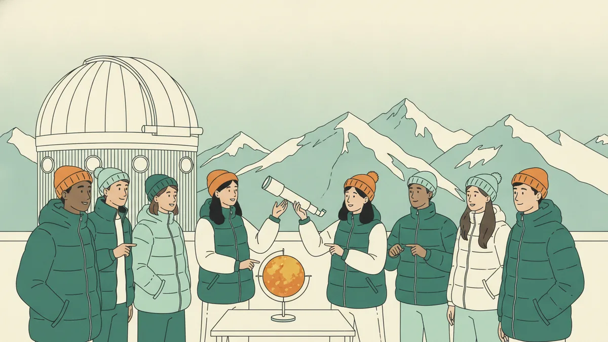 Illustration : un groupe d'étudiants en doudounes et bonnets sur une terrasse de montagne, près d'une coupole d'observatoire blanche ; une médiatrice leur montre une lunette et une maquette du Soleil, les sommets enneigés des Pyrénées en arrière-plan.