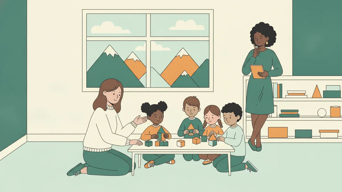 Illustration : dans une classe de primaire aux fenêtres ouvertes sur des montagnes, une étudiante agenouillée guide un groupe d'enfants qui assemblent des cubes de couleur ; l'enseignante de la classe observe au fond, un carnet à la main.