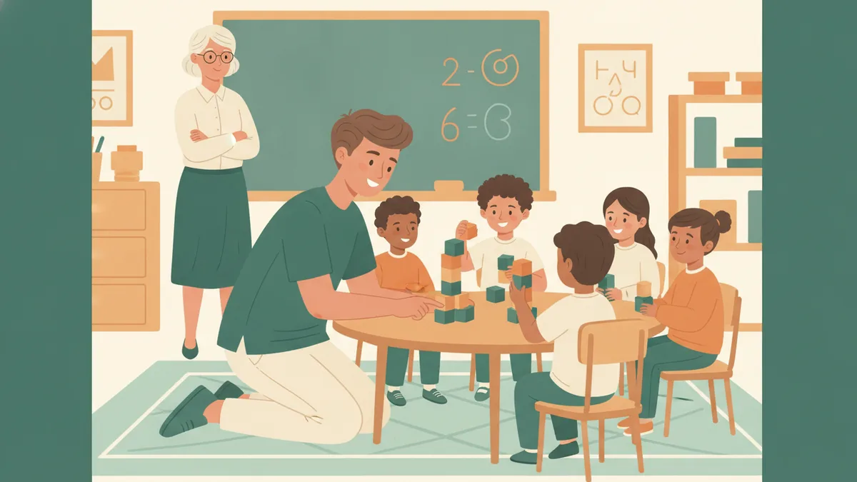Illustration : dans une classe de primaire lumineuse, un jeune étudiant stagiaire agenouillé près d'une petite table aide des enfants de six ans à compter avec des cubes de couleur ; l'enseignante de la classe observe au fond.