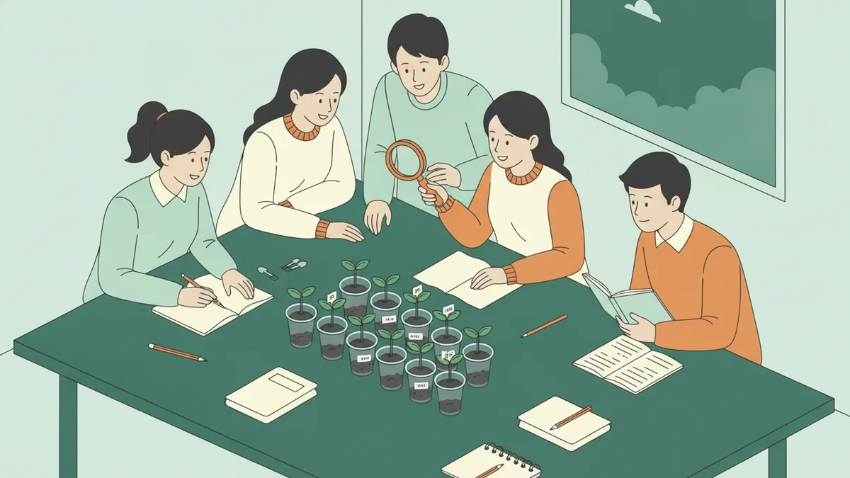Illustration : autour d'une table, des étudiants testent une expérience de sciences prévue pour des écoliers : des semis de plantes dans des gobelets transparents, une loupe, des cahiers ; l'un d'eux explique aux autres.