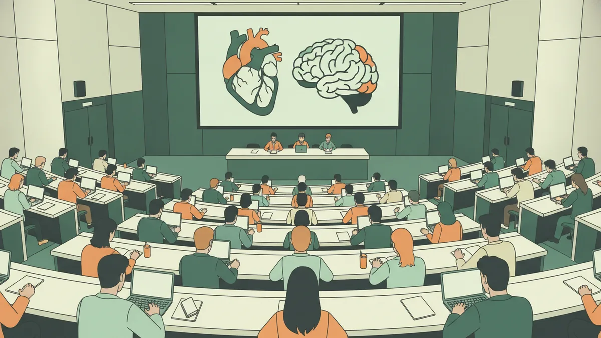Illustration : vu du fond, un grand amphithéâtre rempli d'étudiants de première année qui prennent des notes sur ordinateur et sur papier ; à l'écran, des dessins d'un cœur et d'un cerveau.